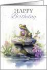 Happy Birthday Frog Sitting on a Rock with Flowers and Pond card