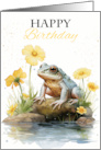 Happy Birthday Frog Sitting on a Rock with Flowers and a Pond card