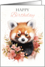 Happy Birthday Red Panda and Dusky Pink Flowers with Paint Splatters card