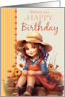 Happy Birthday with Cute Country Girl in a Straw Hat with Orange Tones card