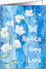 Easter Rejoice Hope Love on a Blue Background with White Flowers card