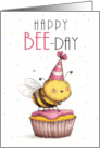 Bee Birthday Sitting on a Cupcake Play on Words Bee Day card