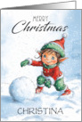 Merry Christmas Girl Elf Rolling up a Snowball to Make a Snowman card