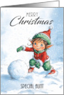 Special Aunt Merry Christmas Girl Elf Rolling up a Snowball card