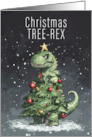 T Rex Christmas Tree with Decorations Pun on a Winter Background card