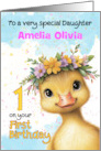 Daughter First Birthday with Cute Little Duck and flowers for any Name card