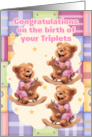 Triplet Congratulations with Bears on Rockers Dressed in Pink Rompers card