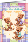 Triplet Congratulations with Bears on Rockers Dressed in Rompers card