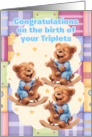 Triplet Congratulations with Bears on Rockers Dressed in Blue Rompers card