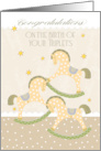 Triplet Congratulations with Polka Rocking Horses in Neutral Tones card
