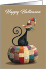 Halloween Black Cat Sitting on a Patchwork Pumpkin With Witches Hat card