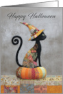 Halloween Black Cat Sitting on a Patchwork Pumpkin With Witches Hat card