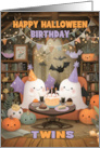 Twins Happy Halloween Birthday with Ghosts Bats and Pumpkins card
