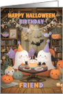 Friend Happy Halloween Birthday with Ghosts Bats and Pumpkins card