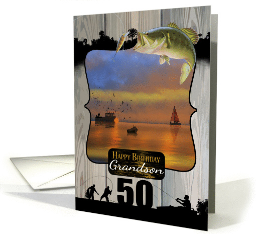 Grandson 50th Birthday, Fishing And Ocean Boating Scene card (1359454)