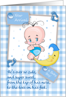 Baby Boy - New Arrival - With Moon And Cute Baby On Blue Gingham card