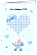 Baby Boy Congratulations Card With Heart Balloon And Baby Carriage card