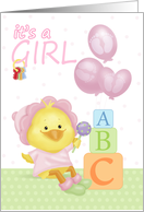 Little Girl Duck - New Baby - It’s A Girl - Balloons, Blocks, Rattle card