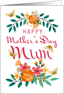 Mum, Floral wreath and floral bouquet with little matching butterflies card