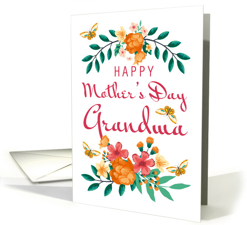 Grandma, Floral wreath and floral bouquet with butterflies card