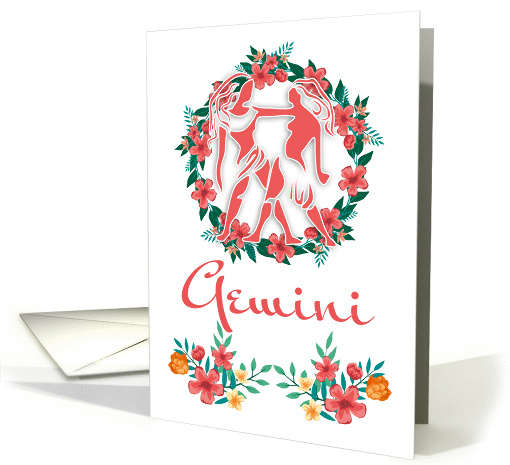 Gemini, The Twins Zodiac And Floral Ring In Blended Colors card