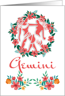 Gemini, The Twins Zodiac And Floral Ring In Blended Colors card