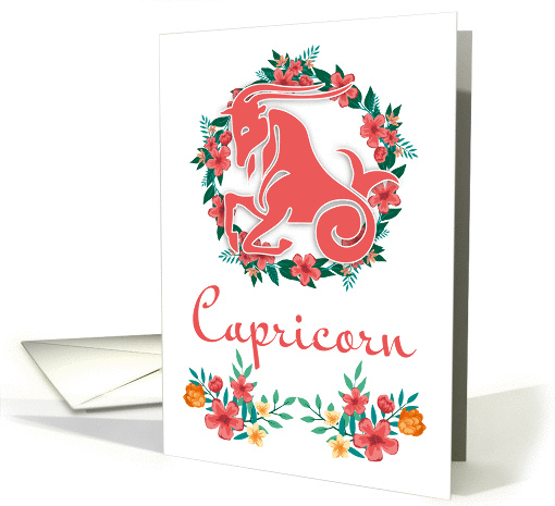 Capricorn, The Goat Zodiac And Floral Ring In Blended Colors card