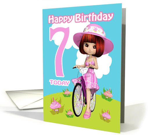 7th Birthday Card Pretty Little Girl On A Bicycle With... (1391492)