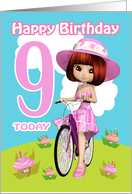 9th Birthday Card Pretty Little Girl On A Bicycle With Cupcake Flowers card
