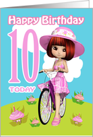10th Birthday Card Pretty Little Girl On A Bicycle & Cupcake Flowers card