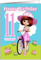 11th Birthday Card Pretty Little Girl On A Bicycle & Cupcake Flowers card