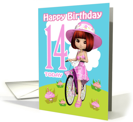 14th Birthday Card Pretty Little Girl On A Bicycle &... (1391928)