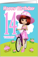 14th Birthday Card Pretty Little Girl On A Bicycle & Cupcake Flowers card