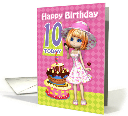 10th Birthday Card Pretty Trendy Little Girl And Cake card (1391934)