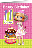 11th Birthday Card Pretty Trendy Little Girl And Cake card