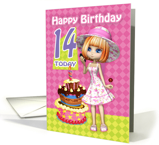 14th Birthday Card Pretty Trendy Little Girl And Cake card (1391942)