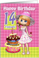 14th Birthday Card Pretty Trendy Little Girl And Cake card