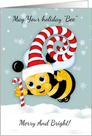 Honey Bee With Fun Holiday Hat And Candy Cane card