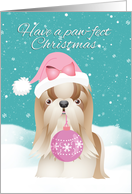 Shih Tzu Dog In Santa Hat Holding A Holiday Ornament card