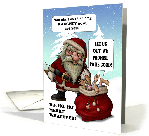 Bad Santa Humor Christmas, With Naughty Kids Stuffed In A Sack card