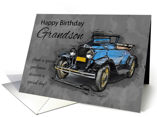 Grandson, Vintage Blue Car On Watercolor Background card (1409720)