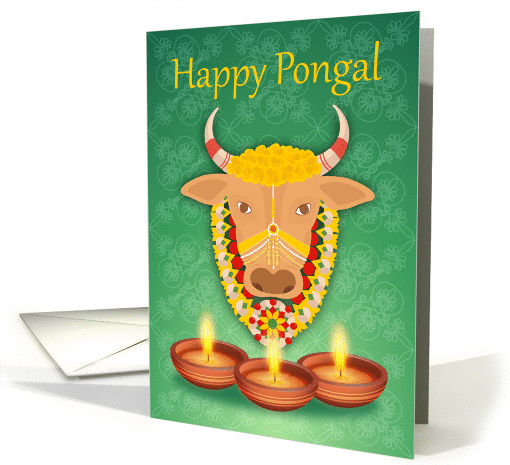 Happy Pongal, with cow and candles, on a green floral background card