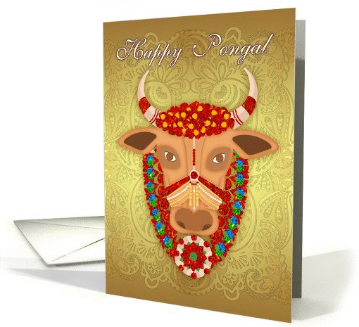 Happy Pongal, with Golden effect background and adorned cow card