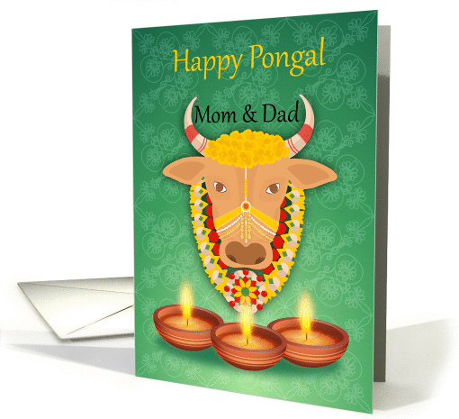 Mom & Dad Happy Pongal, with cow and candles, on a green... (1413536)