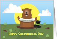 Groundhog day greeting card with groundhog holding a banner card