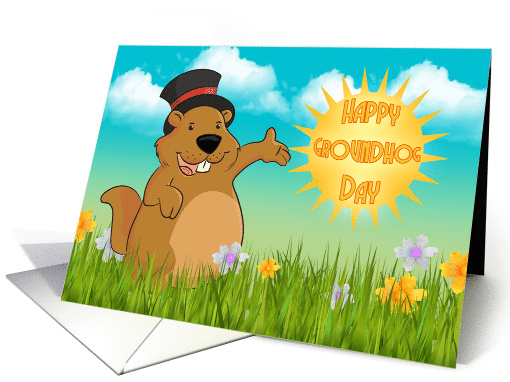 Groundhog Day Greeting Card With Spring Scenery And Sun Sentiment card