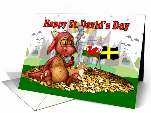 Saint David's Day With Red Dragon, Castles And Corgi Dog card