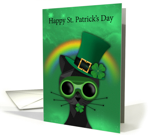 Black Cat Saint Patrick's Day, With Rainbow and Shamrock card