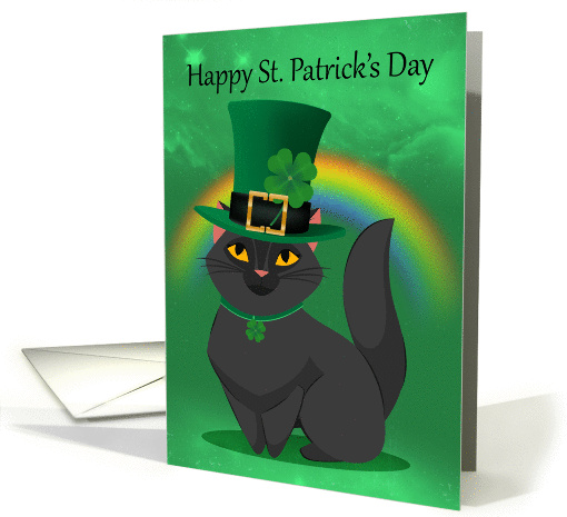 Lucky Black Cat Saint Patrick's Day, With Rainbow and Shamrock card