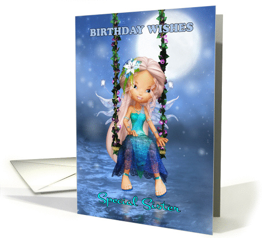 Sister Happy Birthday cute fairy on a floral swing card (1428828)